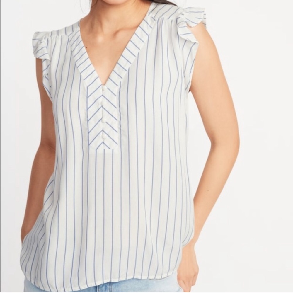 Sleeveless Blue and a White Striped Blouse